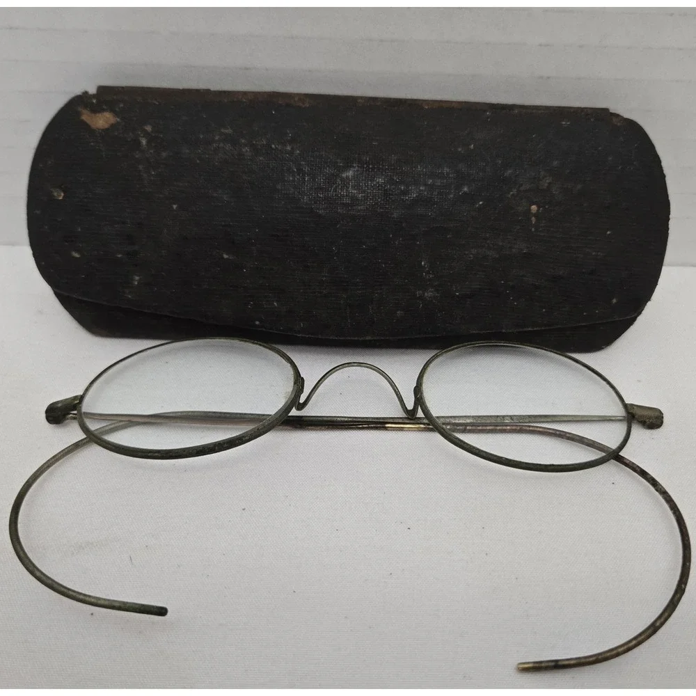 Antique 1890s WILLSON Wire Rim Oval Spectacles Eveglasses w/ Velvet Lined Case